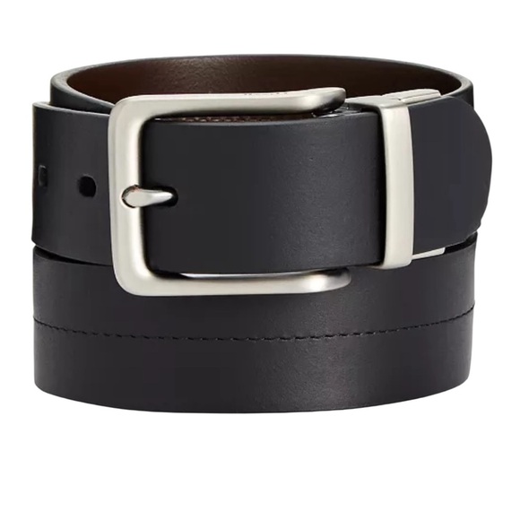 Fossil NWT men’s Brandon black and brown reversible leather belt silver buckle - Picture 1 of 11
